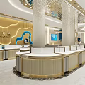 Luxury Jewelry Store Interior With Circular Display Counters Golden Accents And Blue Wave Walls