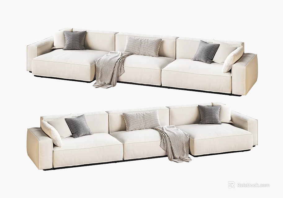 Elegant Modern Beige Sectional Sofa with Gray Cushions and Throw Blanket 3d model 