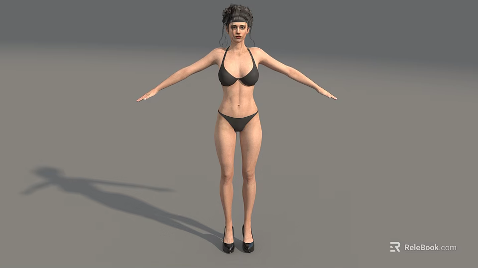 Woman in Black Bikini With Headband And High Heels Arms Outstretched On Gray Background 3d model 