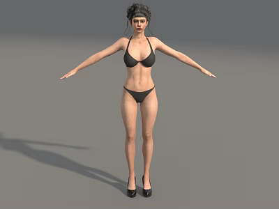 Woman in Black Bikini With Headband And High Heels Arms Outstretched On Gray Background 3d model