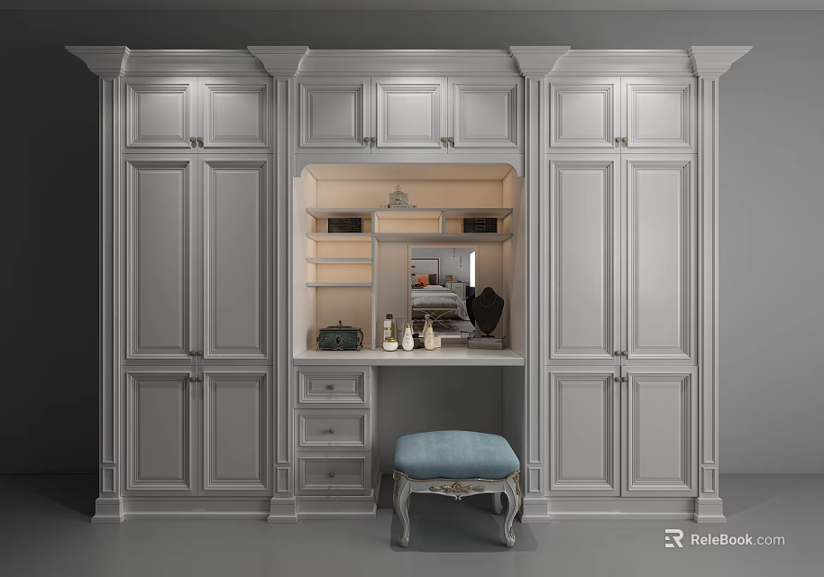 Elegant White Wardrobe with Multiple Doors Vanity Area Mirror Drawers and Blue Stool 3d model 