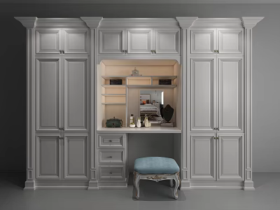 Elegant White Wardrobe with Multiple Doors Vanity Area Mirror Drawers and Blue Stool 3d model