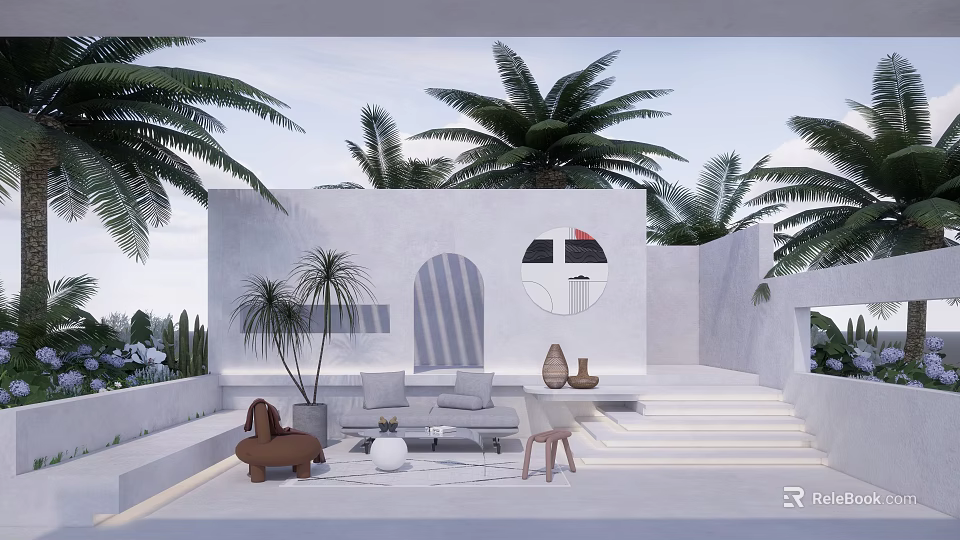 Tropical Garden Landscape With White Building Palm Trees Circular Window Outdoor Sofa And Steps 3d model 