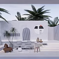 Tropical Garden Landscape With White Building Palm Trees Circular Window Outdoor Sofa And Steps