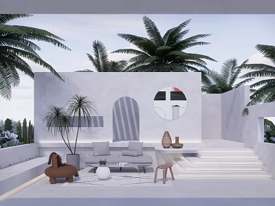 Tropical Garden Landscape With White Building Palm Trees Circular Window Outdoor Sofa And Steps 3d model