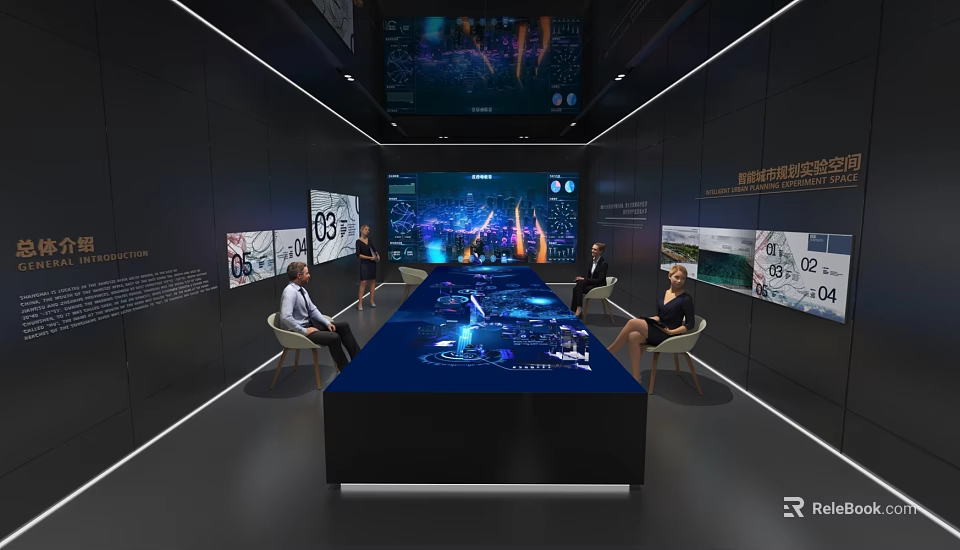 Modern Conference Room With Long Table Digital Screens People Sitting And Tech Elements 3d model 