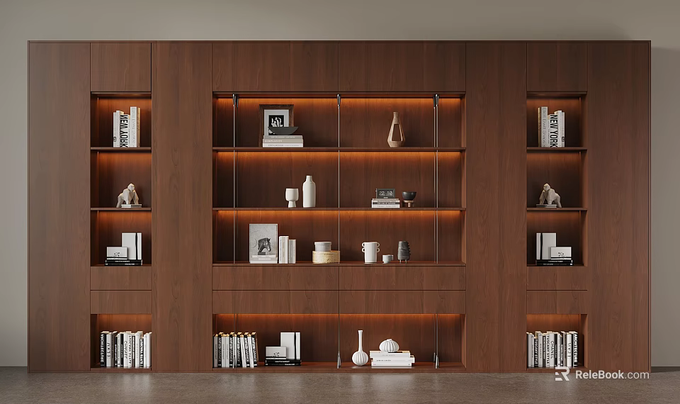 Elegant Modern Wooden Shelving Unit With Books Ornaments And Warm Lighting 3d model 