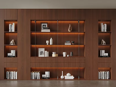 Elegant Modern Wooden Shelving Unit With Books Ornaments And Warm Lighting 3d model