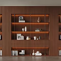 Elegant Modern Wooden Shelving Unit With Books Ornaments And Warm Lighting