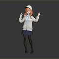 Orange Haired Girl With White Hat And Puppy Making Peace Signs In Blue Skirt