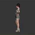 Woman In Sleeveless Gray Dress With White Trim Bun Hairstyle Hands On Hips High Heels