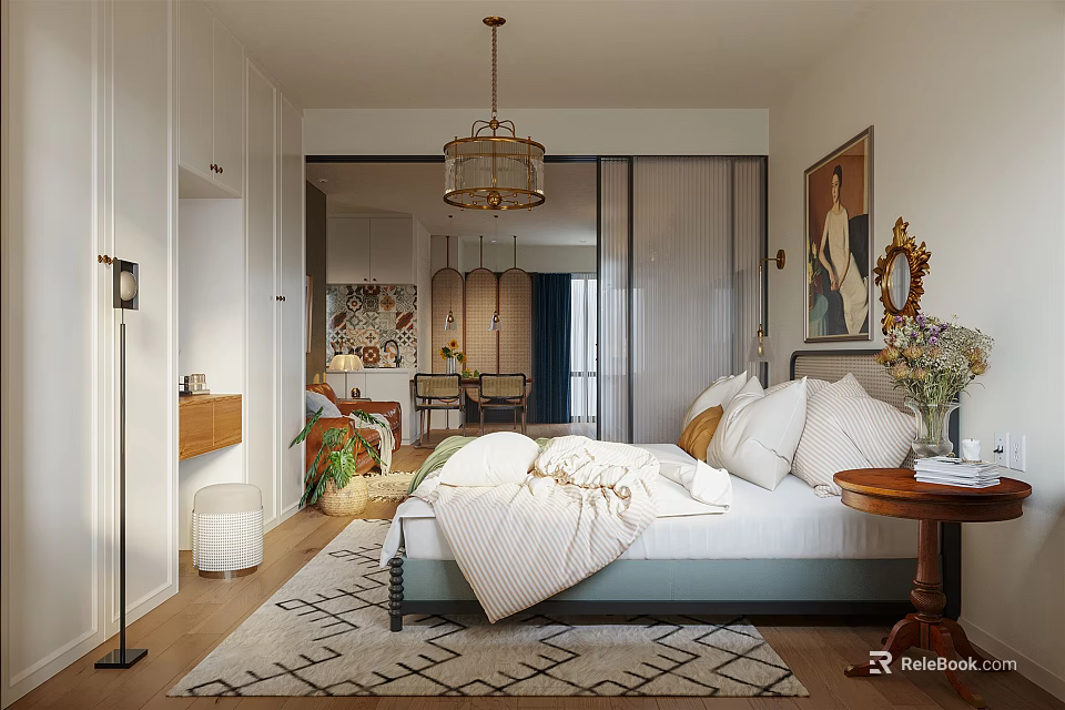 Cozy Hotel Guest Room With Chandelier Patterned Rug Side Table Flowers And White Bedspread 3d model 