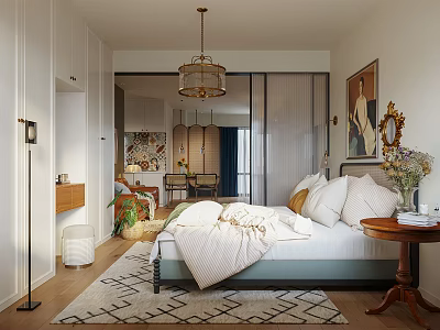 Cozy Hotel Guest Room With Chandelier Patterned Rug Side Table Flowers And White Bedspread 3d model