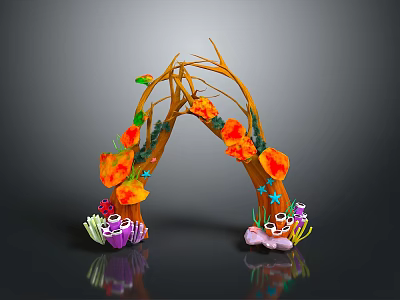 Colorful Decorative Arch With Branches Orange Flowers Green Leaves Purple Shells And Pink Clouds 3d model