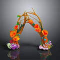 Colorful Decorative Arch With Branches Orange Flowers Green Leaves Purple Shells And Pink Clouds