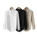 Casual White Black And Beige Long Sleeve Shirts Hanging On Wooden Hangers Multiple Pieces