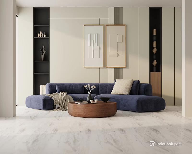 Modern Blue Three-Seater Sofa With Cushion Throw Wooden Coffee Table Vase Wall Art Marble Floor 3d model 