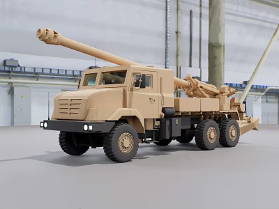 Beige Wheeled Vehicle Mounted Cannon With Long Barrel And Six Wheels In Industrial Workshop 3d model