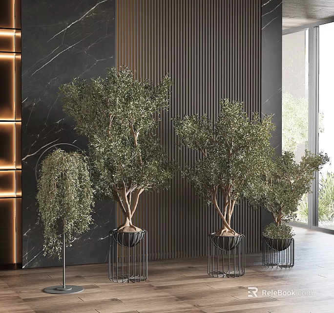 Modern Luxury Bonsai Plants On Black Metal Stands With Dark Striped Walls And Marble Texture 3d model 