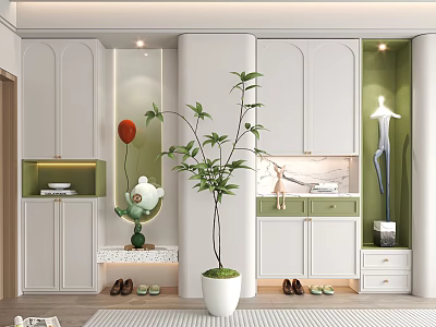 Modern Shoe Cabinet With White Design Green Accents And Potted Plant Decor 3d model