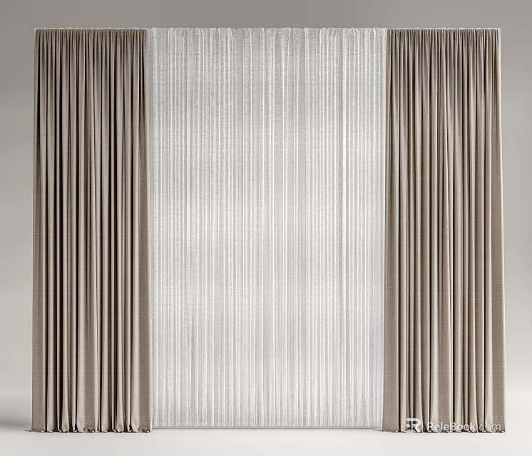 Modern Curtains With Flowing Sheer Middle And Textured Side Panels In Beige And White 3d model 