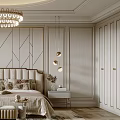 Elegant Modern Bedroom Interior With Crystal Chandelier Upholstered Headboard And Geometric Wall Panels
