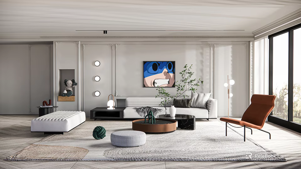 Modern Living Room Interior With White Sofa Brown Armchair Circular Wall Lights And Artwork 3d model 