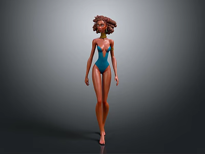 3D Female Model Wearing Blue Bodysuit With Curly Hair And Necklace 3d model