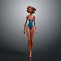 3D Female Model Wearing Blue Bodysuit With Curly Hair And Necklace
