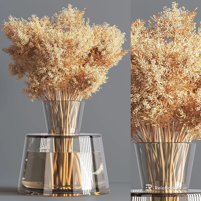 Decorative Transparent Glass Vase With Light Brown Dried Flowers Arrangement for Home Interior 3d model 