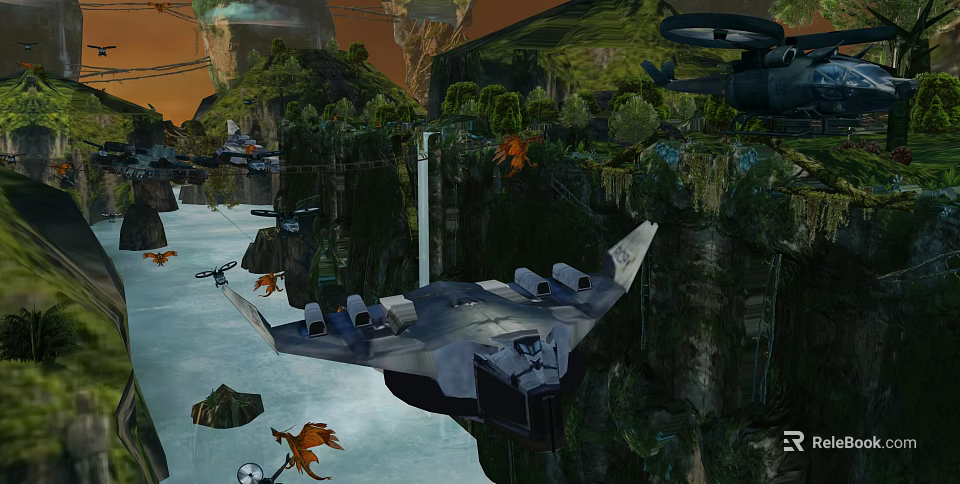 Cartoon Scene Featuring Rocky Cliff Flying Vehicle Dragon And Green Vegetation 3d model 