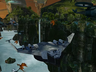 Cartoon Scene Featuring Rocky Cliff Flying Vehicle Dragon And Green Vegetation 3d model