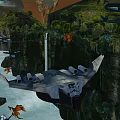 Cartoon Scene Featuring Rocky Cliff Flying Vehicle Dragon And Green Vegetation