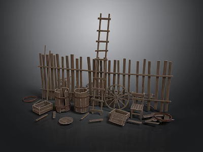 Rustic Wooden Rural Decorative Components With Fence Ladder Barrels Wagon Wheel And Crates 3d model