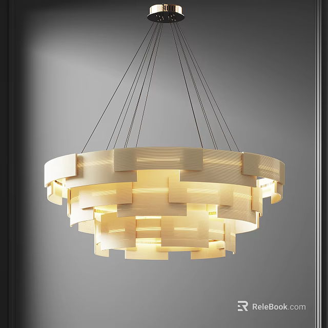 Modern Minimalist Layered Chandelier With Cream Colored Geometric Block Design And Soft Lighting 3d model 