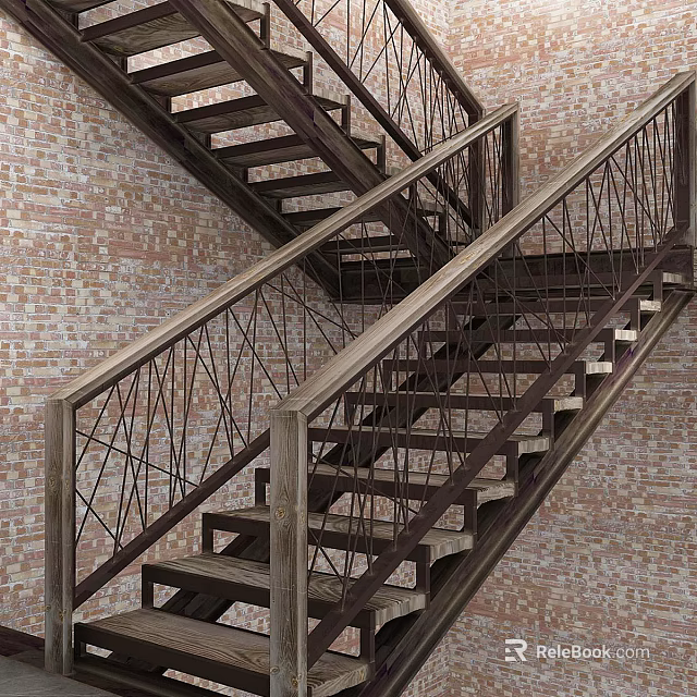 Double Flight Staircase With Wooden Steps And Metal Railings In Brick Wall Background 3d model 