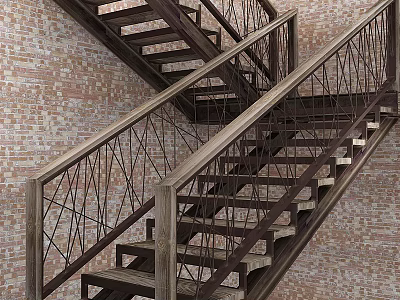 Double Flight Staircase With Wooden Steps And Metal Railings In Brick Wall Background 3d model