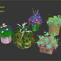 Various Types of Potted Plants with Green Purple Leaves and Decorative Pots