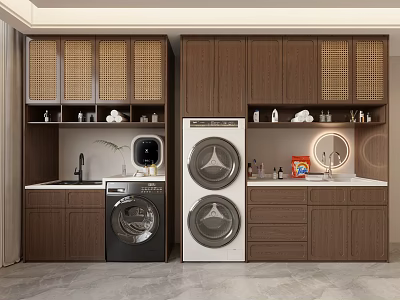 Laundry Room Design With Dark Wood Cabinets Twin Washer Dryer Sink Wicker Doors And Storage Shelves 3d model