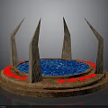 Decorative Circular Stone Platform With Blue Liquid Spiked Pillars And Red Accents
