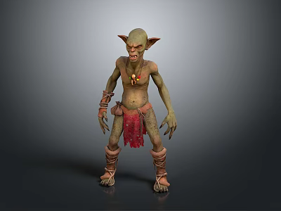 Goblin Creature 3D Model With Green Skin Pointed Ears Red Loincloth And Strapped Boots 3d model