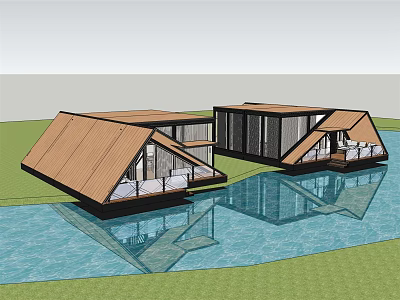 Floating Waterfront Villa With Wooden Triangular Roof And Scenic Terrace 3d model