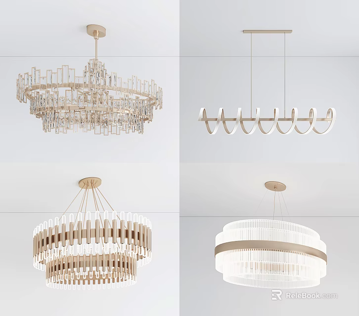 Modern Chandelier Interior Design With Geometric Circular Ring Shaped Metal And Crystal Elements 3d model