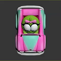 Green Cartoon Character With Pink Bow Riding In Colorful Convertible Toy Car