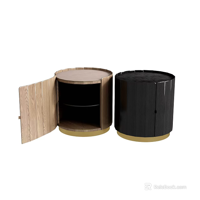 Modern Circular Bedside Tables With Brown Open Door Black Cabinet And Gold Base 3d model 