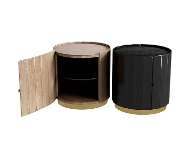 Modern Circular Bedside Tables With Brown Open Door Black Cabinet And Gold Base 3d model