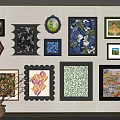 Stylish Gallery Wall With Various Shaped Frames Decorative Artworks And Vase 3d model