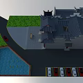 Ancient Chinese Architecture With Curved Eaves Blue Plaque Red Pillars Car Railings And Green Grass