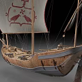 Wooden Ship Model With White Sail Red Design Mast And Ropes Details