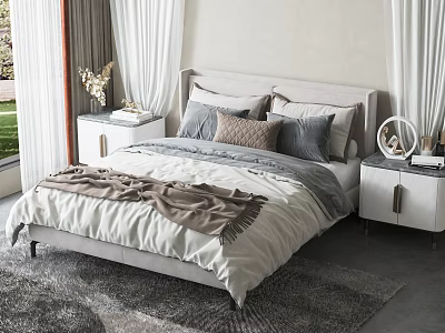 Modern Double Bed With Gray Beige Bedding Bedside Tables And Soft Curtains 3d model